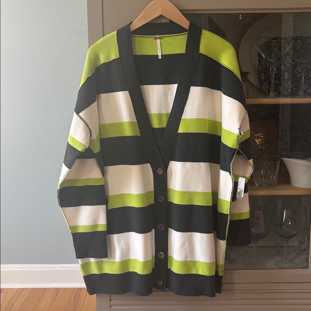 NWT Free People A League of Her Own Striped Cardigan in Carbon Lime, M - Picture 4 of 12